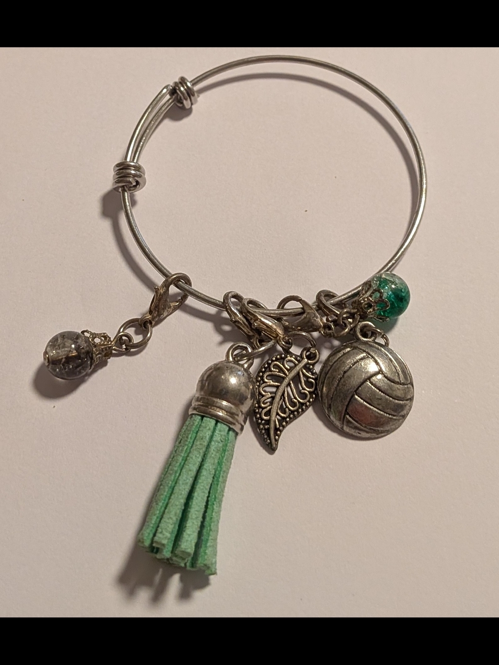 Silver Charm Bangle with Mint Tassel and Volleyball Charm